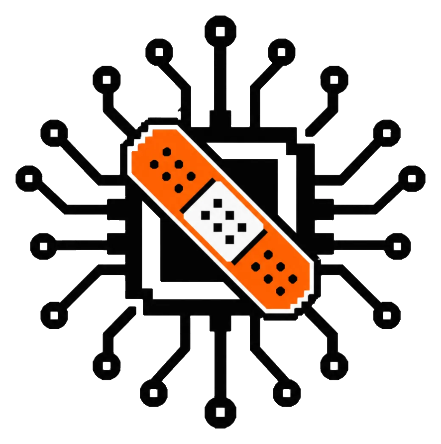 PATCHDAY mark: a pixel-art circuit chip with an orange bandage patched across it